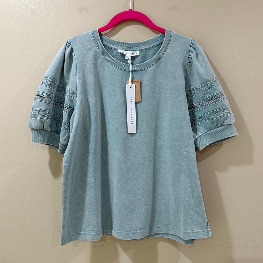 Jane And Delancey Green Wash Eyelet Lace Puff Sleeve Tee Top Vintage Women L NWT